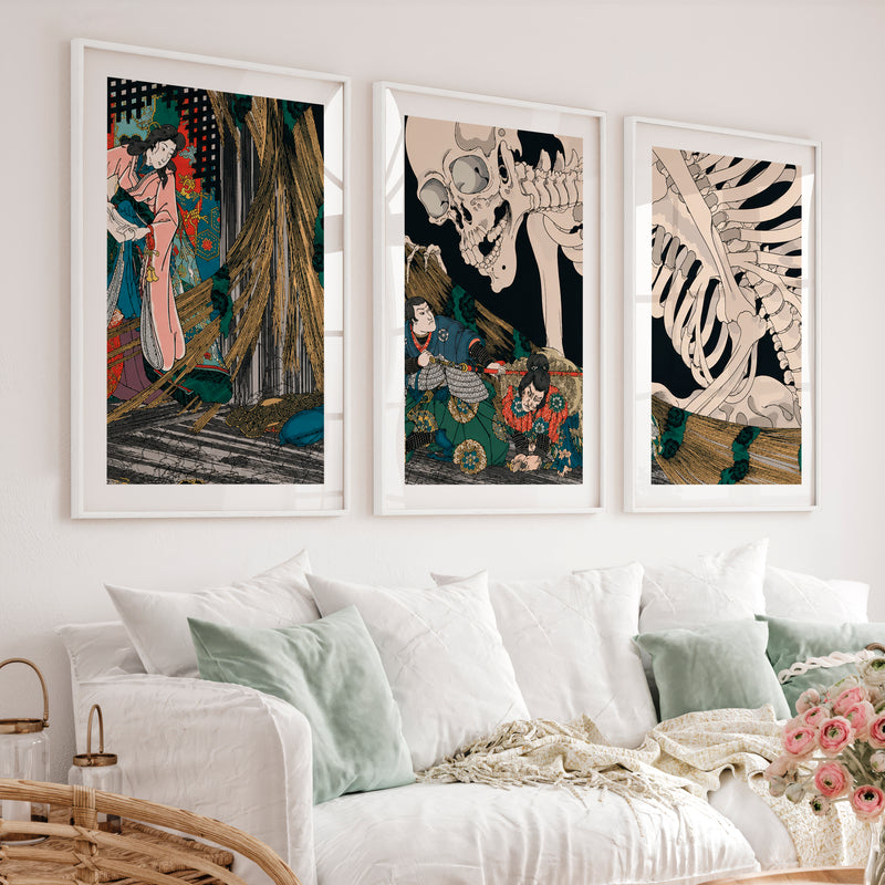 Japanese Block Prints Featuring Mount Fuji and Ocean Wave - White Framed Poster with White Border - Artworksets