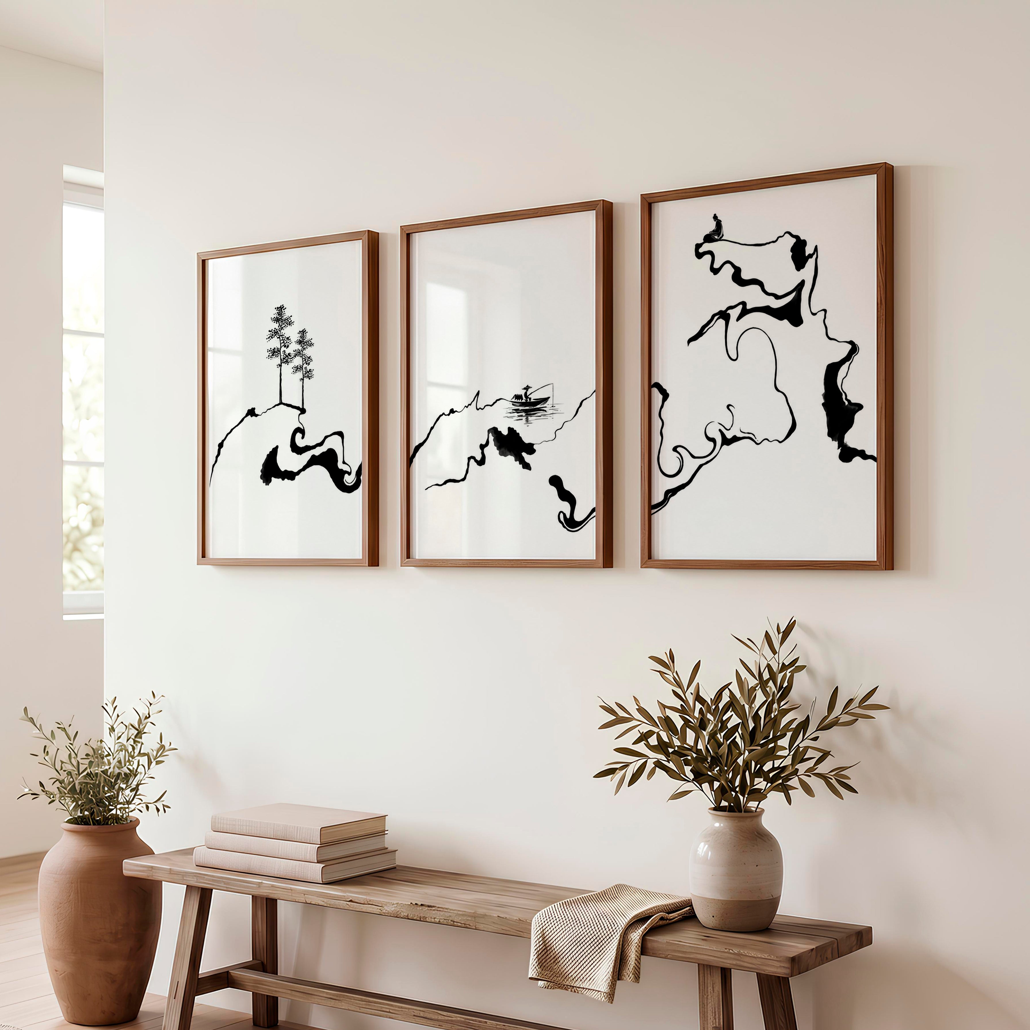 Japanese Cherry Blossom Art Featuring Delicate Cherry Branches - Dark Brown Framed Poster No Border - Artworksets