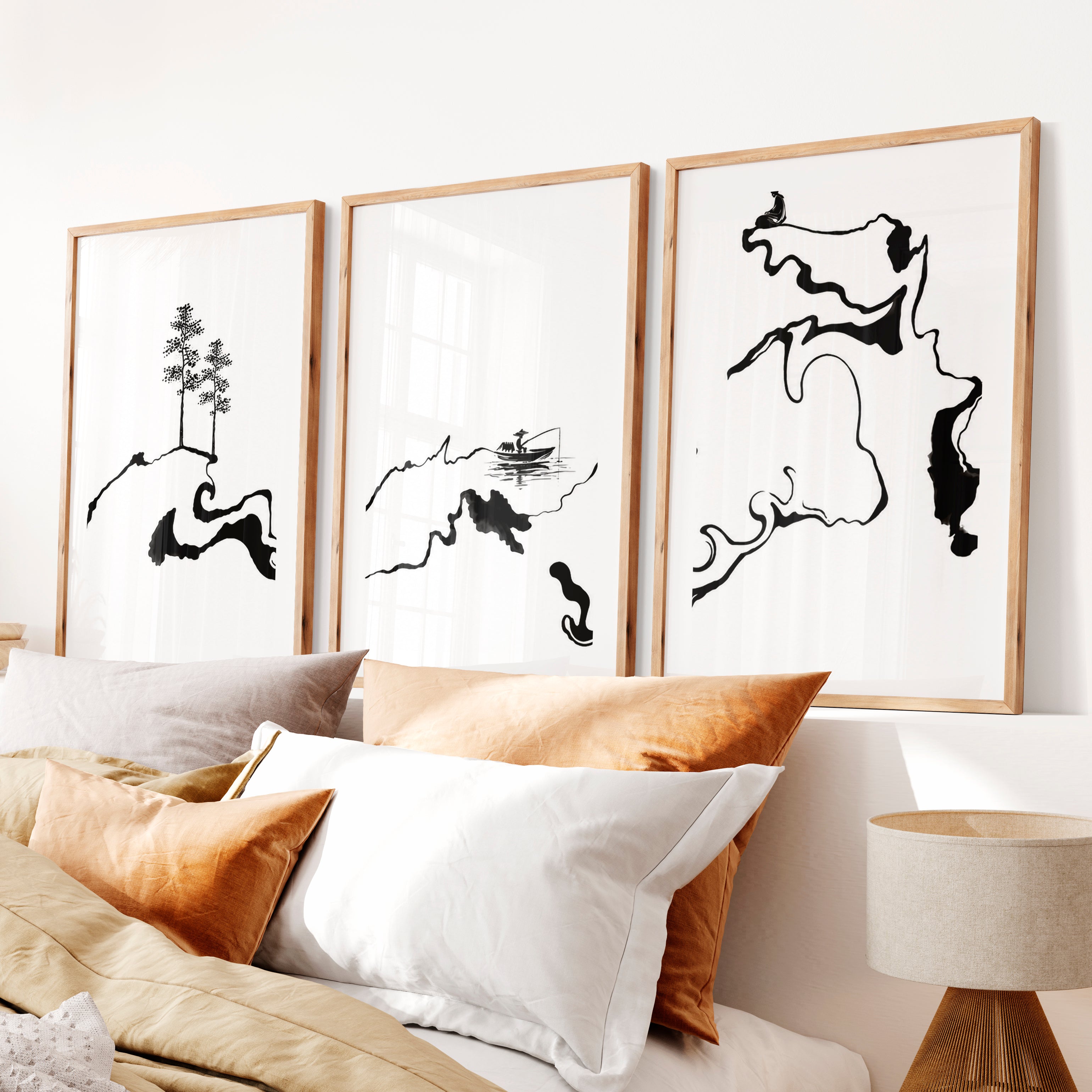 Japanese Cherry Blossom Art Featuring Delicate Cherry Branches- Natural Wood Framed Poster with White Border - Artworksets