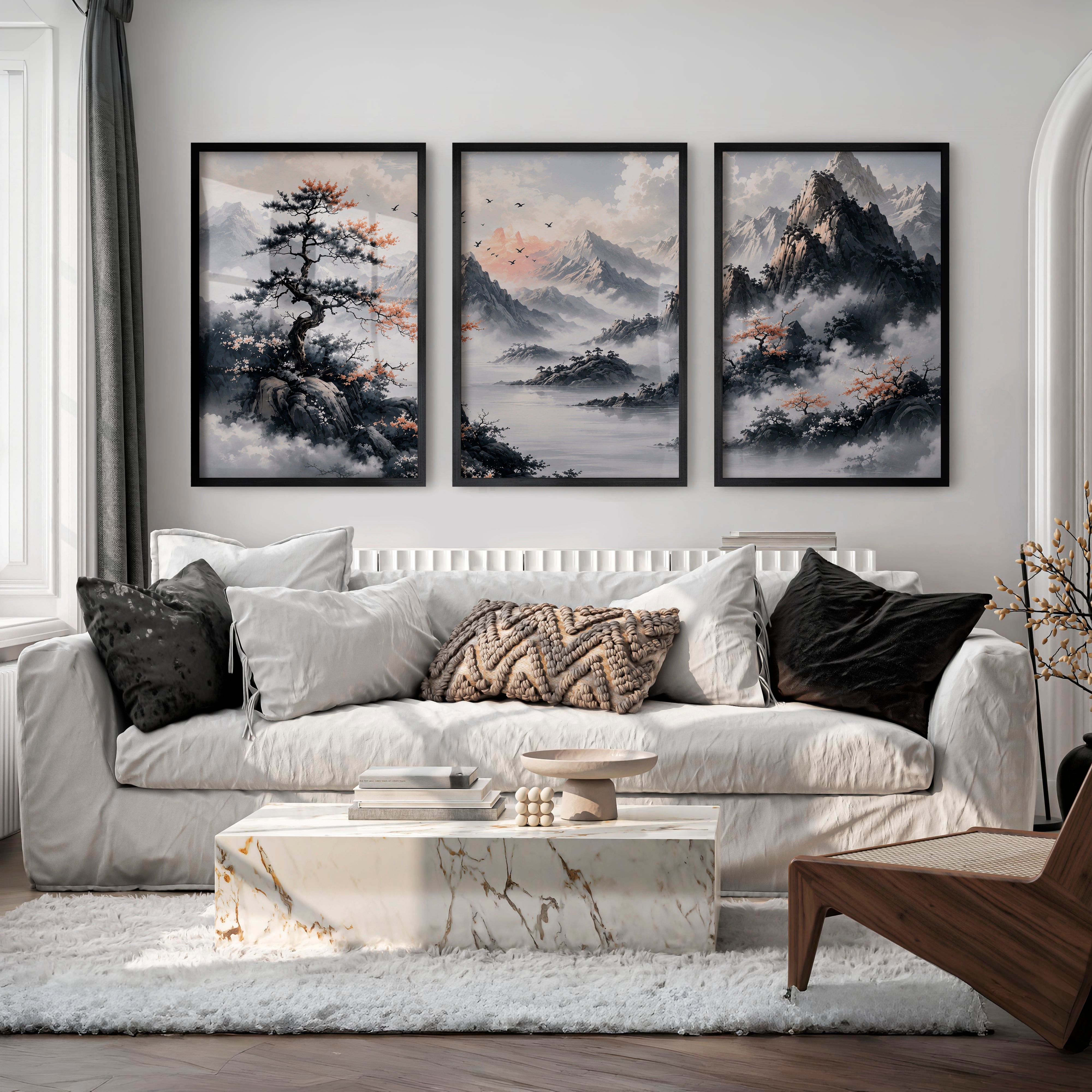 Japanese Cherry Blossom Art with Lake Reflection Triptych - Black Framed Poster No Border - Artworksets