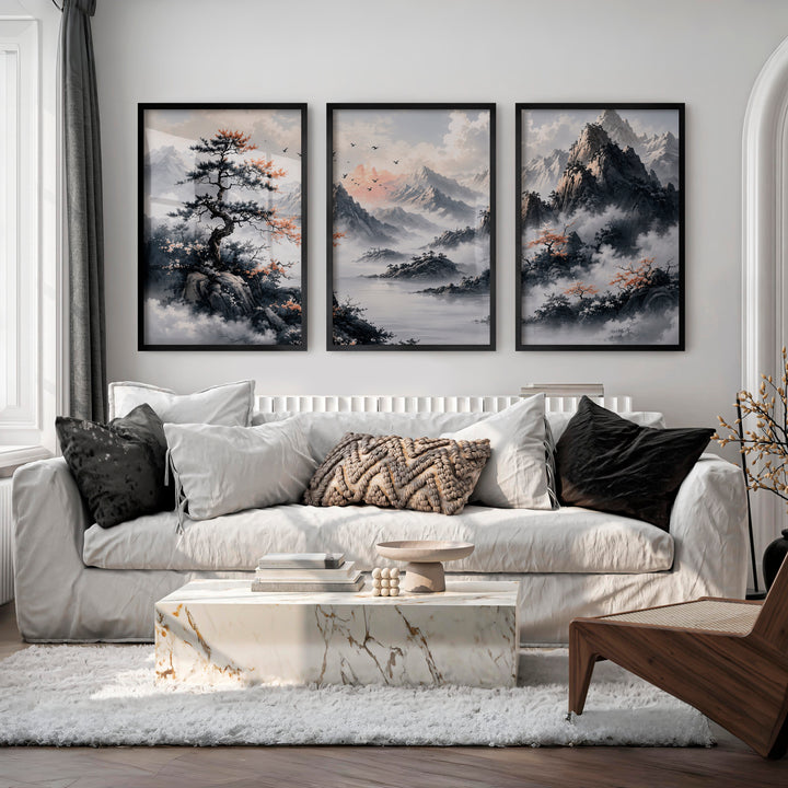 Japanese Cherry Blossom Art with Lake Reflection Triptych - Black Framed Poster No Border - Artworksets