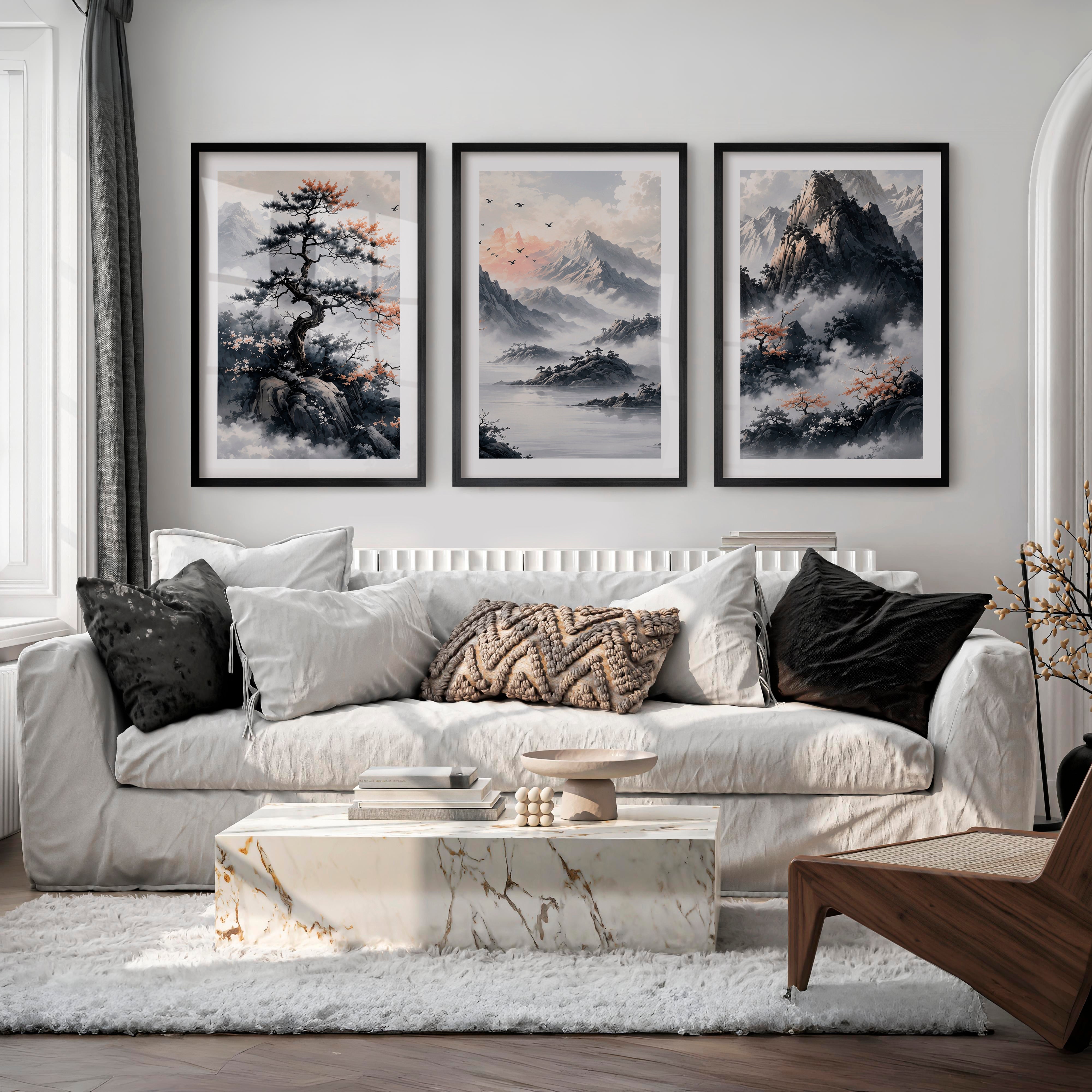 Japanese Cherry Blossom Art with Lake Reflection Triptych - Black Framed Poster with White Border - Artworksets
