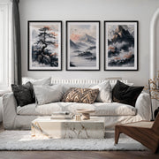Japanese Cherry Blossom Art with Lake Reflection Triptych - Black Framed Poster with White Border - Artworksets