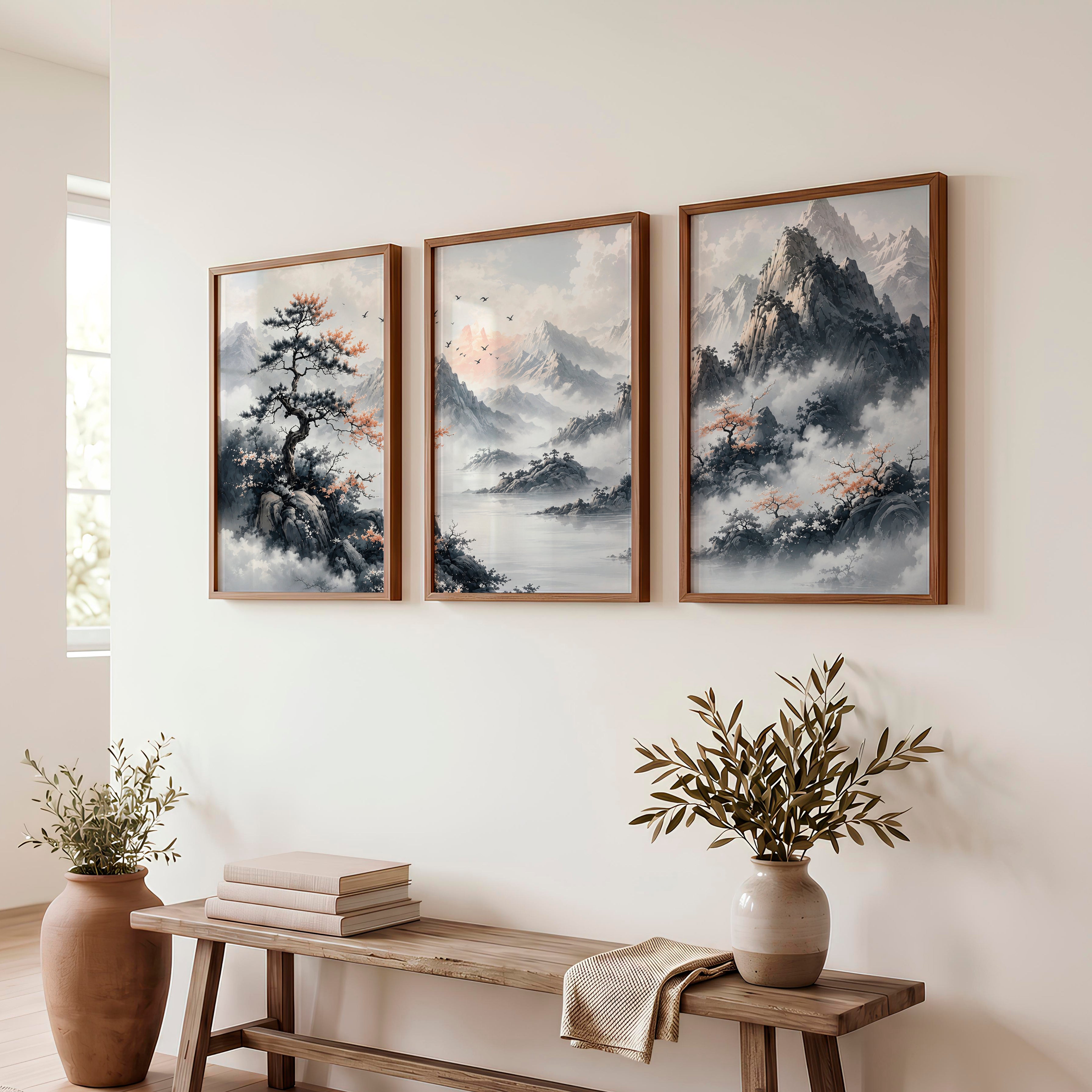 Japanese Cherry Blossom Art with Lake Reflection Triptych - Dark Brown Framed Poster No Border - Artworksets