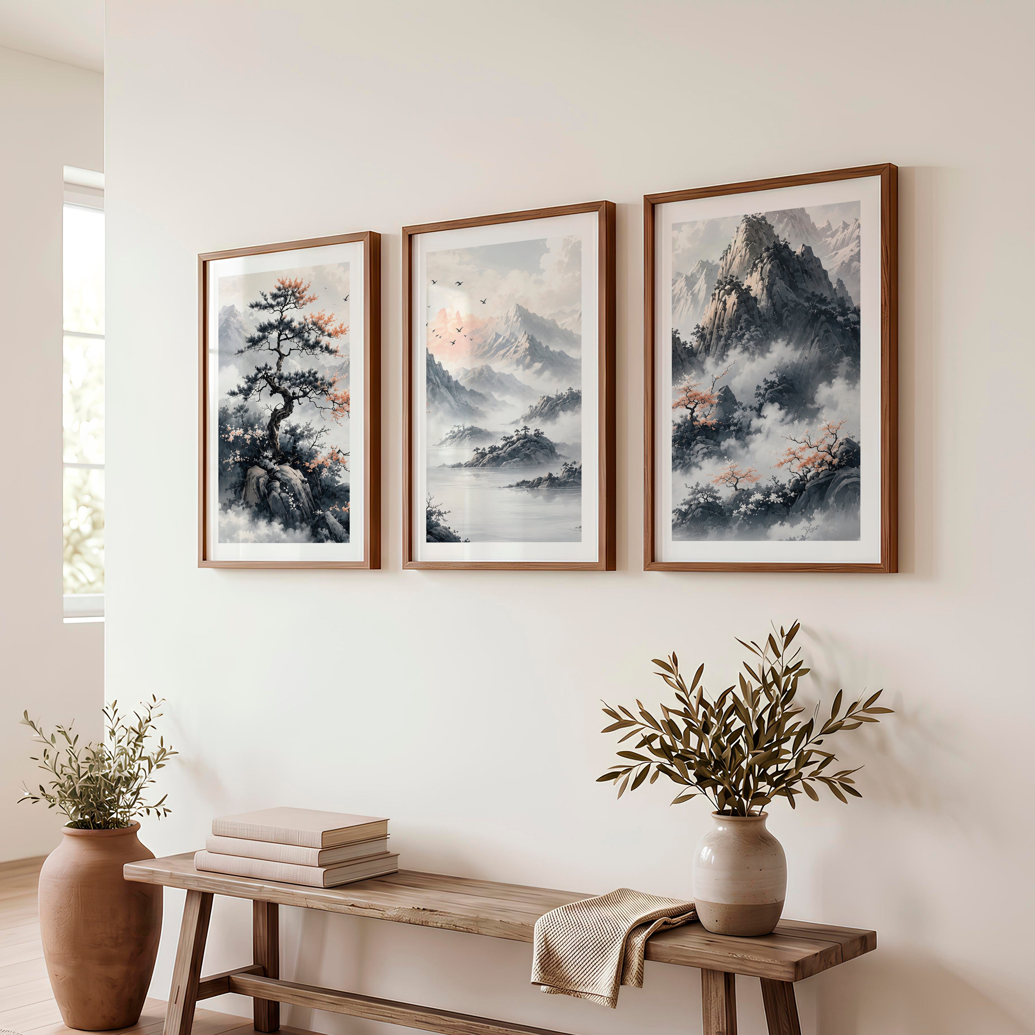 Japanese Cherry Blossom Art with Lake Reflection Triptych - Dark Brown Framed Poster with White Border - Artworksets