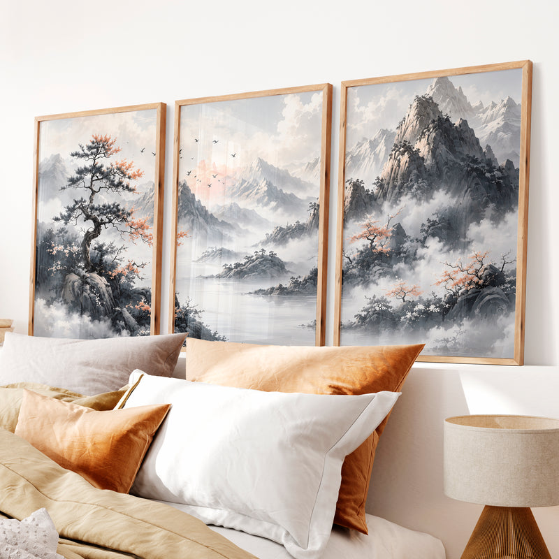 Japanese Cherry Blossom Art with Lake Reflection Triptych - Natural Wood Framed Poster No Border - Artworksets