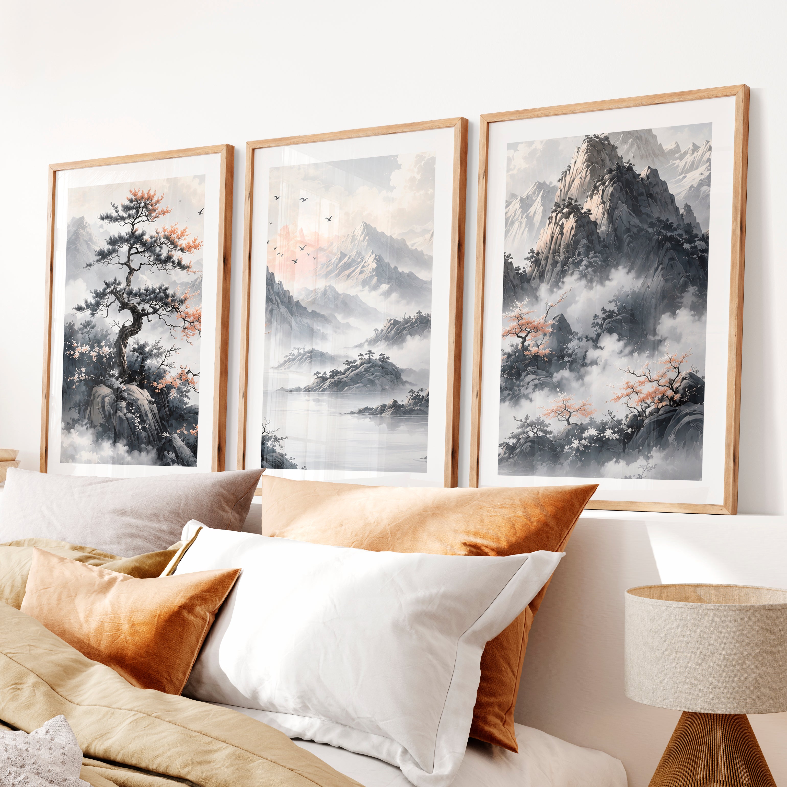 Japanese Cherry Blossom Art with Lake Reflection Triptych- Natural Wood Framed Poster with White Border - Artworksets