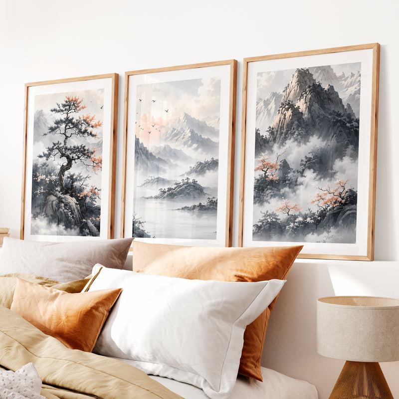 Japanese Cherry Blossom Art with Lake Reflection Triptych- Natural Wood Framed Poster with White Border - Artworksets