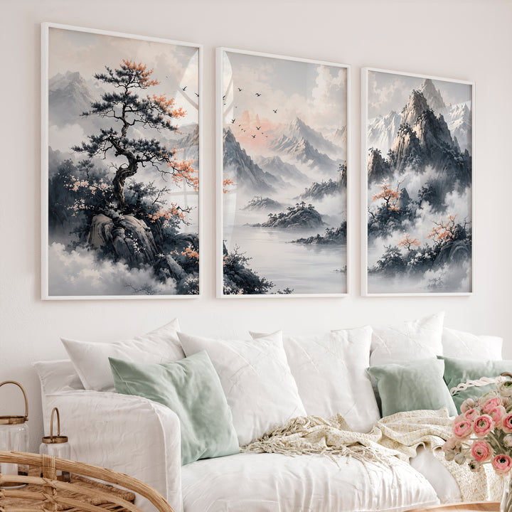 Japanese Cherry Blossom Art with Lake Reflection Triptych - White Framed Poster No Border - Artworksets