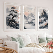 Japanese Cherry Blossom Art with Lake Reflection Triptych - White Framed Poster with White Border - Artworksets