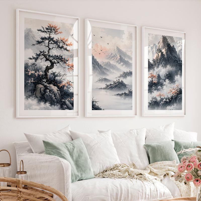 Japanese Cherry Blossom Art with Lake Reflection Triptych - White Framed Poster with White Border - Artworksets