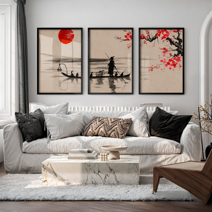 Japanese Cherry Blossom Art Featuring Misty Mountain Lake - Black Framed Poster No Border - Artworksets