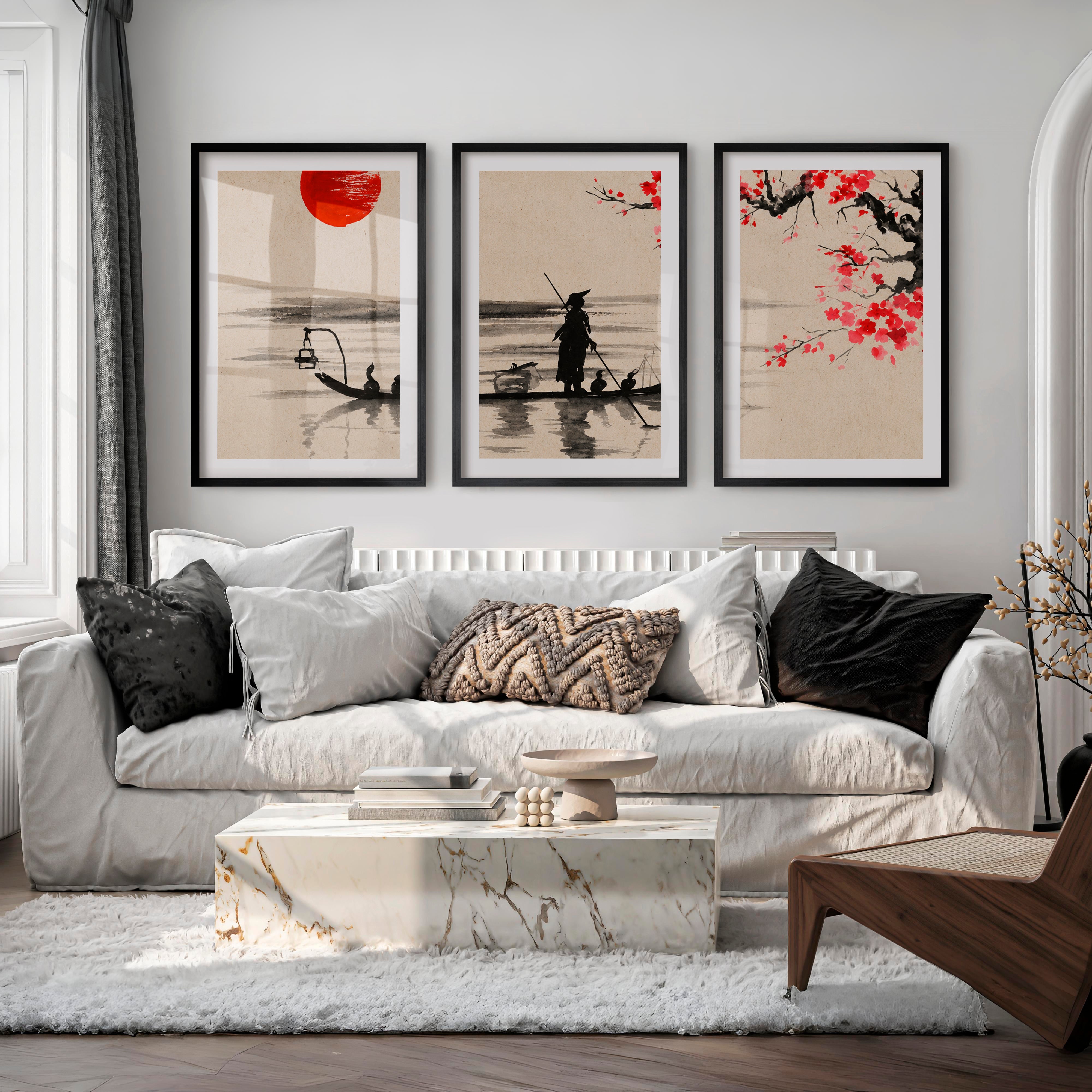 Japanese Cherry Blossom Art Featuring Misty Mountain Lake - Black Framed Poster with White Border - Artworksets