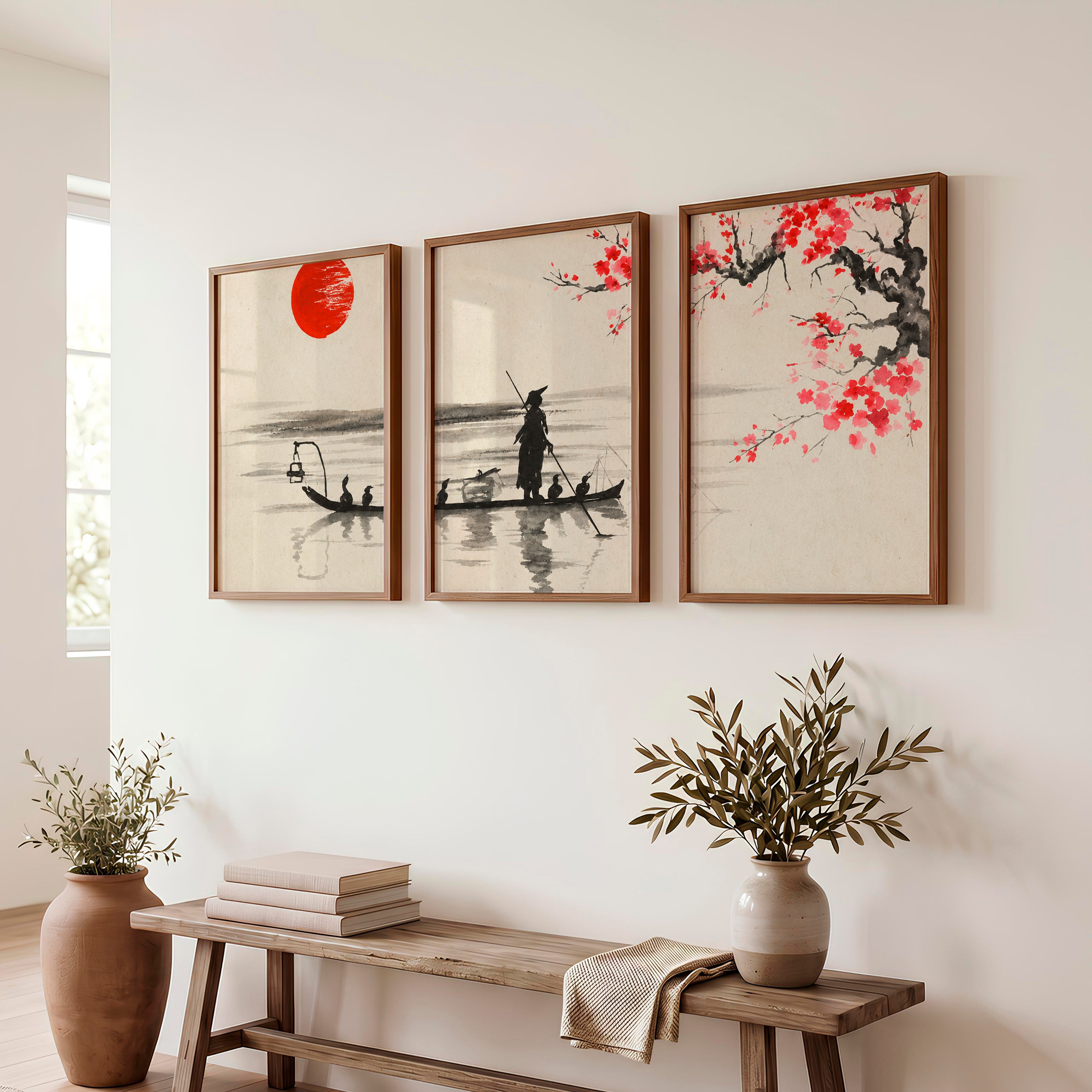 Japanese Cherry Blossom Art Featuring Misty Mountain Lake - Dark Brown Framed Poster No Border - Artworksets