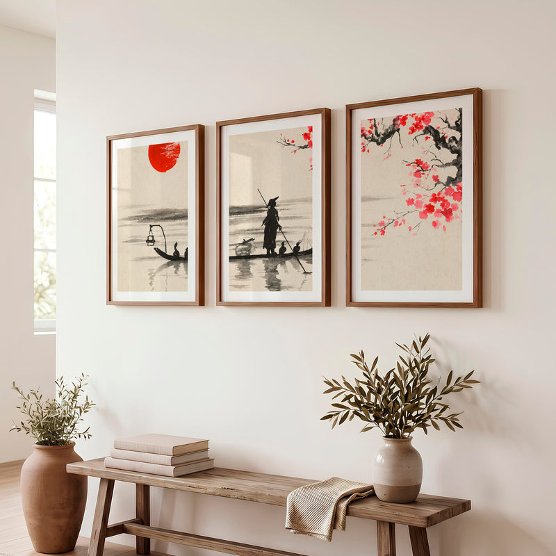 Japanese Cherry Blossom Art Featuring Misty Mountain Lake - Dark Brown Framed Poster with White Border - Artworksets