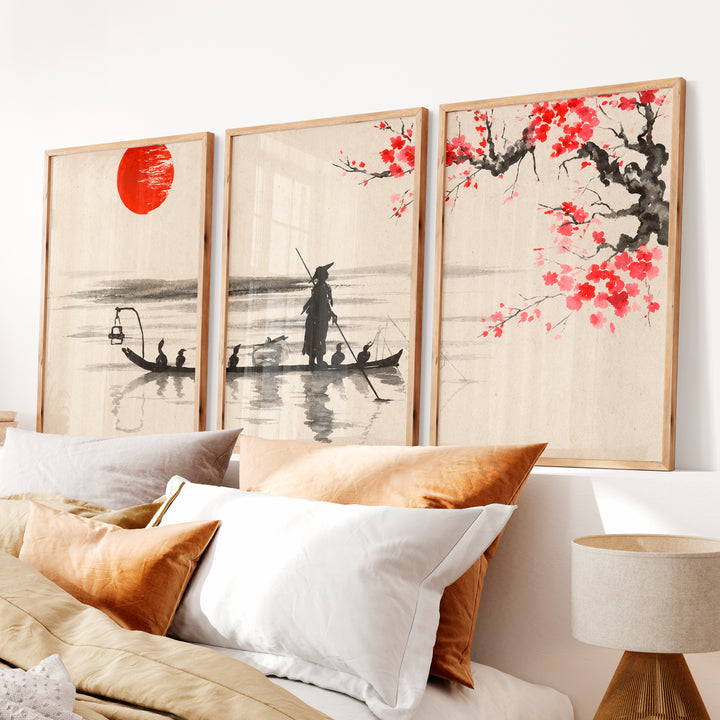 Japanese Cherry Blossom Art Featuring Misty Mountain Lake - Natural Wood Framed Poster No Border - Artworksets