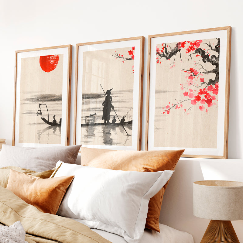 Japanese Cherry Blossom Art Featuring Misty Mountain Lake- Natural Wood Framed Poster with White Border - Artworksets