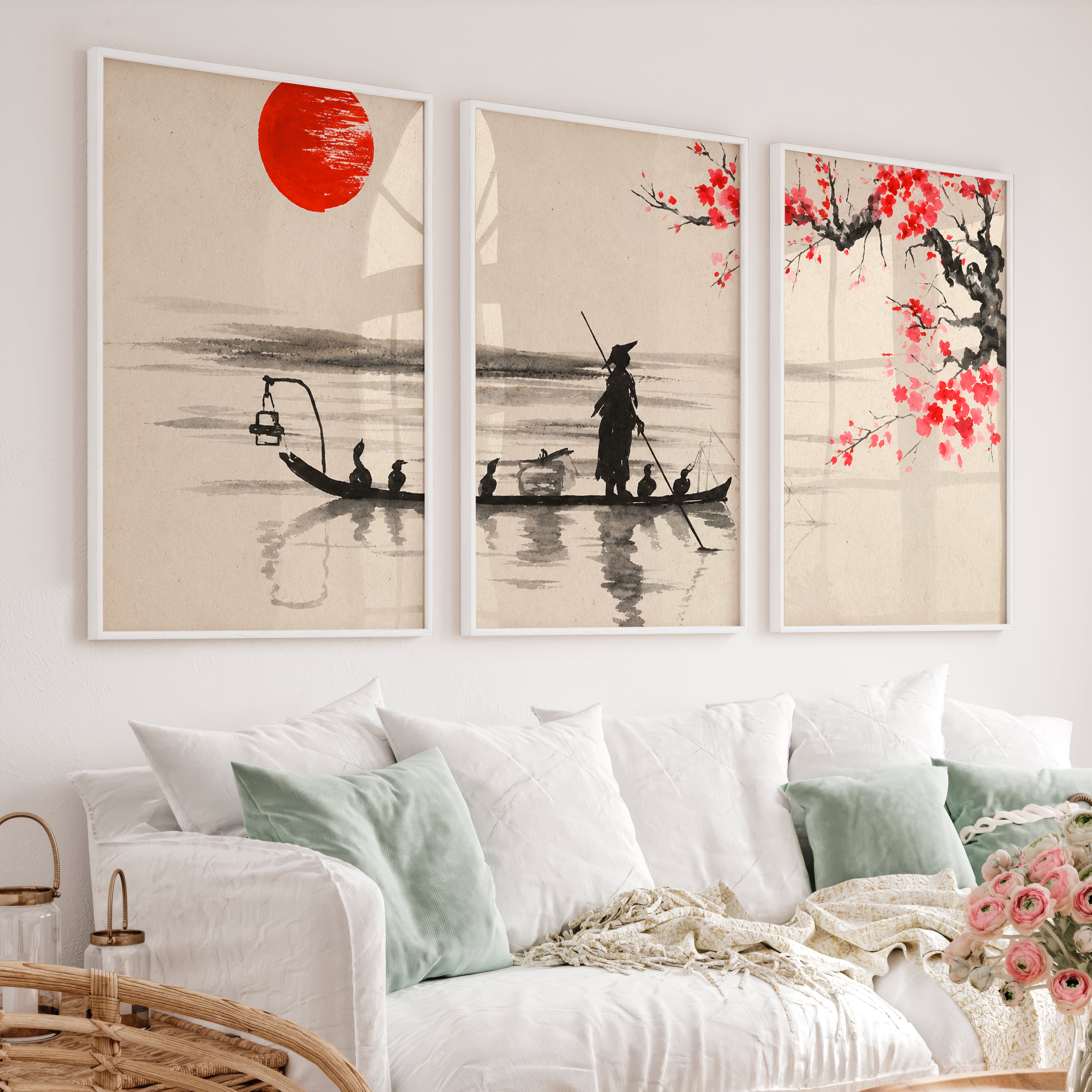 Japanese Cherry Blossom Art Featuring Misty Mountain Lake - White Framed Poster No Border - Artworksets