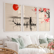 Japanese Cherry Blossom Art Featuring Misty Mountain Lake - White Framed Poster No Border - Artworksets