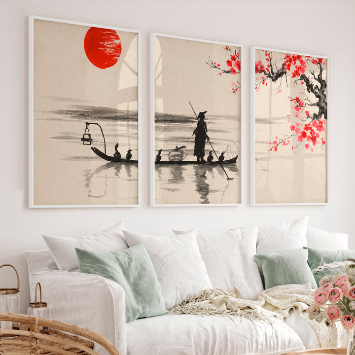 Japanese Cherry Blossom Art Featuring Misty Mountain Lake - White Framed Poster No Border - Artworksets