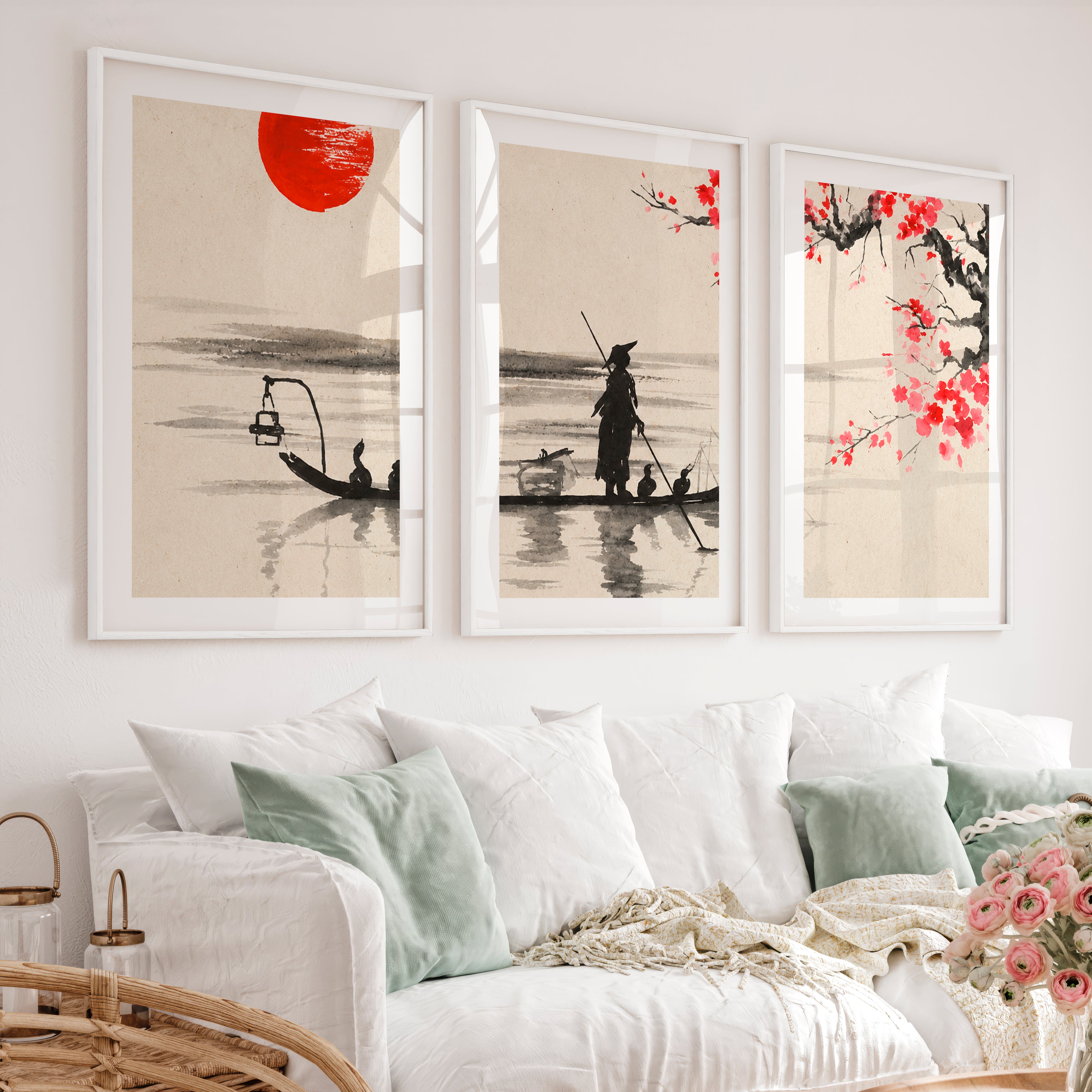 Japanese Cherry Blossom Art Featuring Misty Mountain Lake - White Framed Poster with White Border - Artworksets