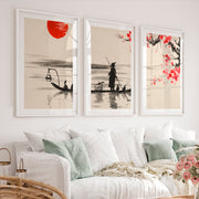 Japanese Cherry Blossom Art Featuring Misty Mountain Lake - White Framed Poster with White Border - Artworksets