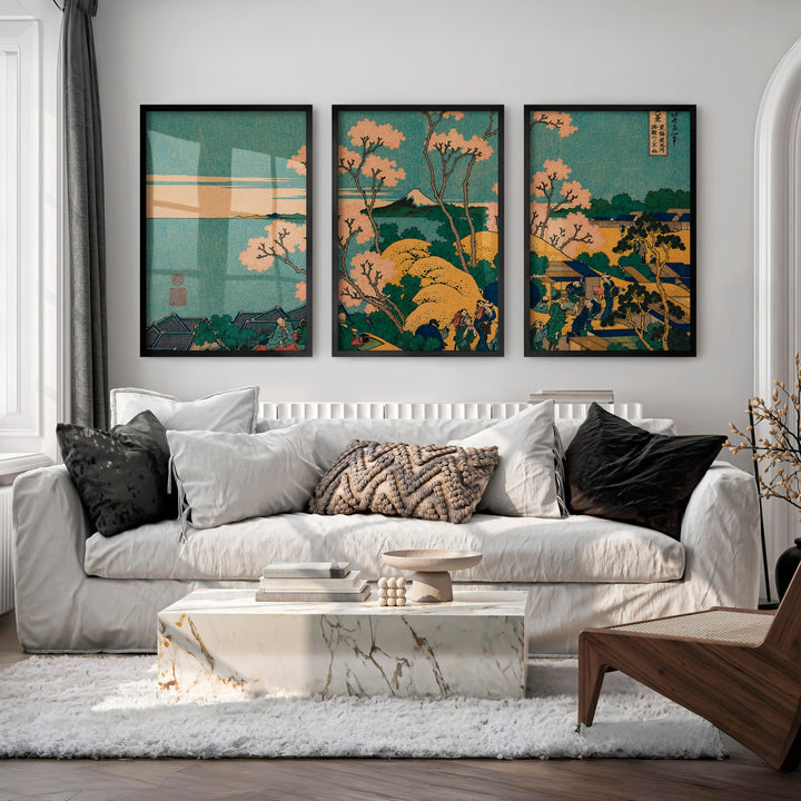 Textured Japanese Cherry Blossom Art with Coral Flowers - Black Framed Poster No Border - Artworksets