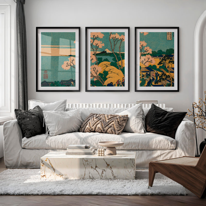 Textured Japanese Cherry Blossom Art with Coral Flowers - Black Framed Poster with White Border - Artworksets