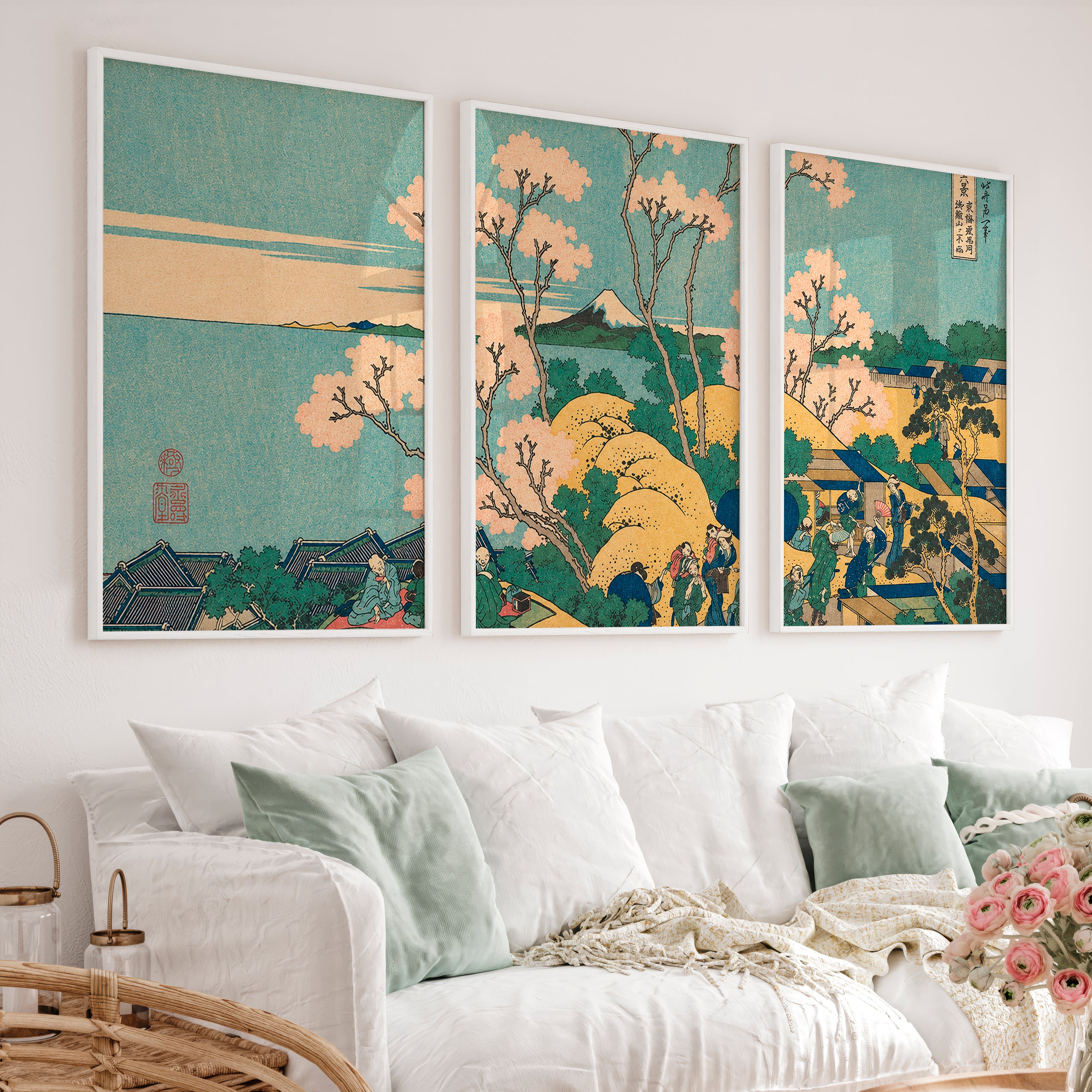 Textured Japanese Cherry Blossom Art with Coral Flowers - White Framed Poster No Border - Artworksets