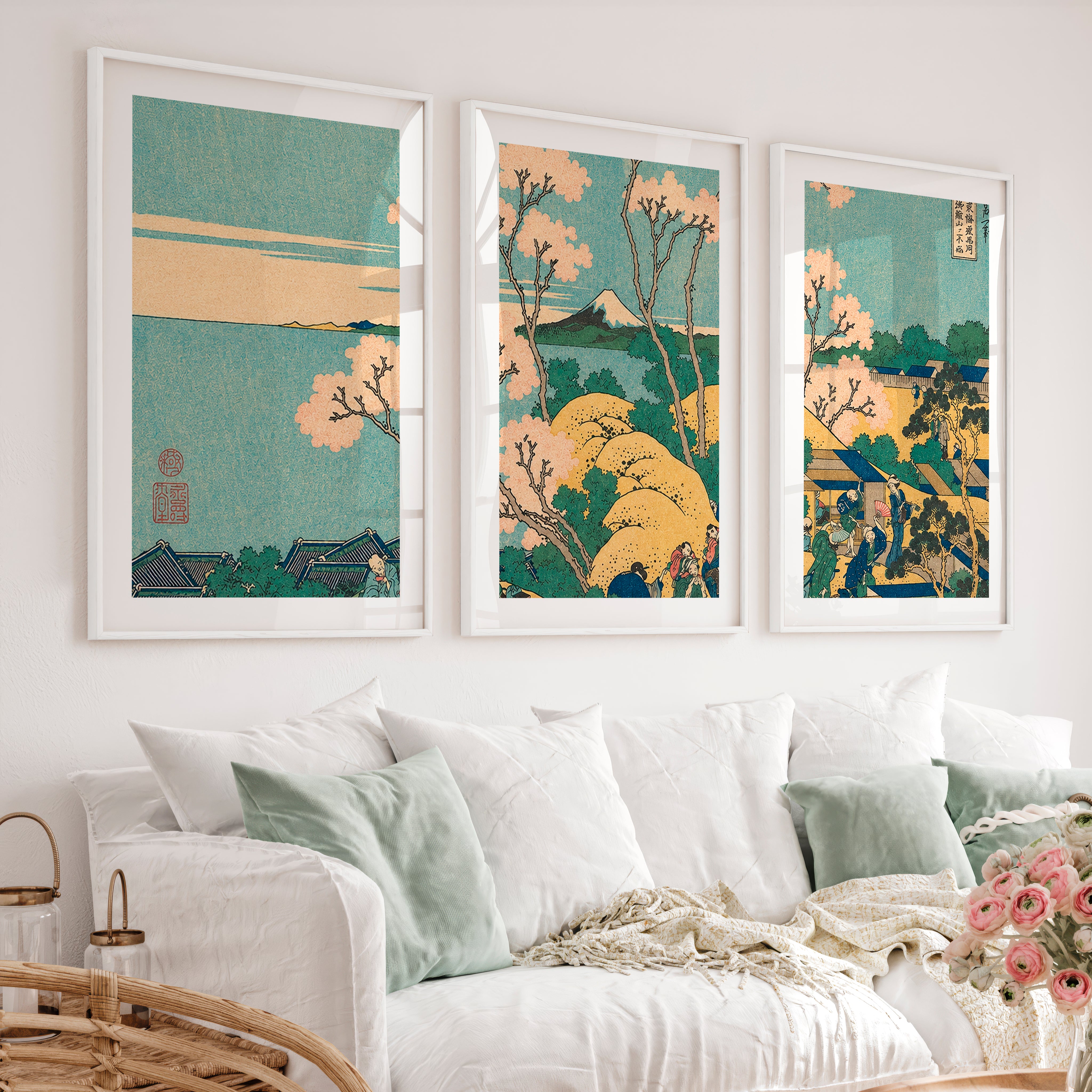 Textured Japanese Cherry Blossom Art with Coral Flowers - White Framed Poster with White Border - Artworksets