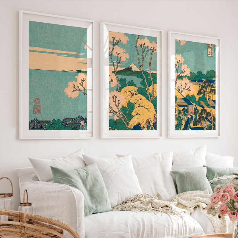 Textured Japanese Cherry Blossom Art with Coral Flowers - White Framed Poster with White Border - Artworksets