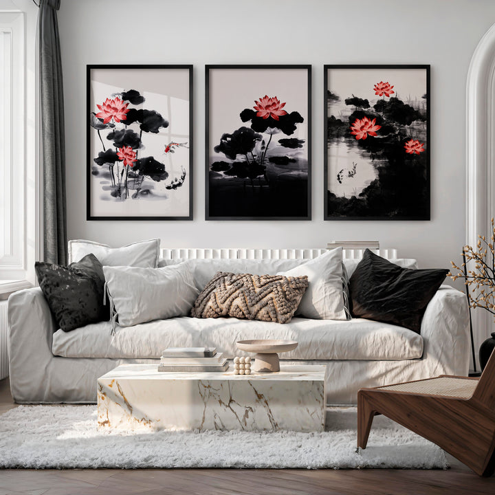 Japanese Cherry Blossom Art with White Blossoming Branches - Black Framed Poster No Border - Artworksets