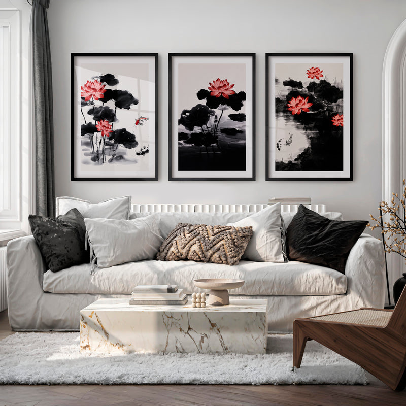 Japanese Cherry Blossom Art with White Blossoming Branches - Black Framed Poster with White Border - Artworksets