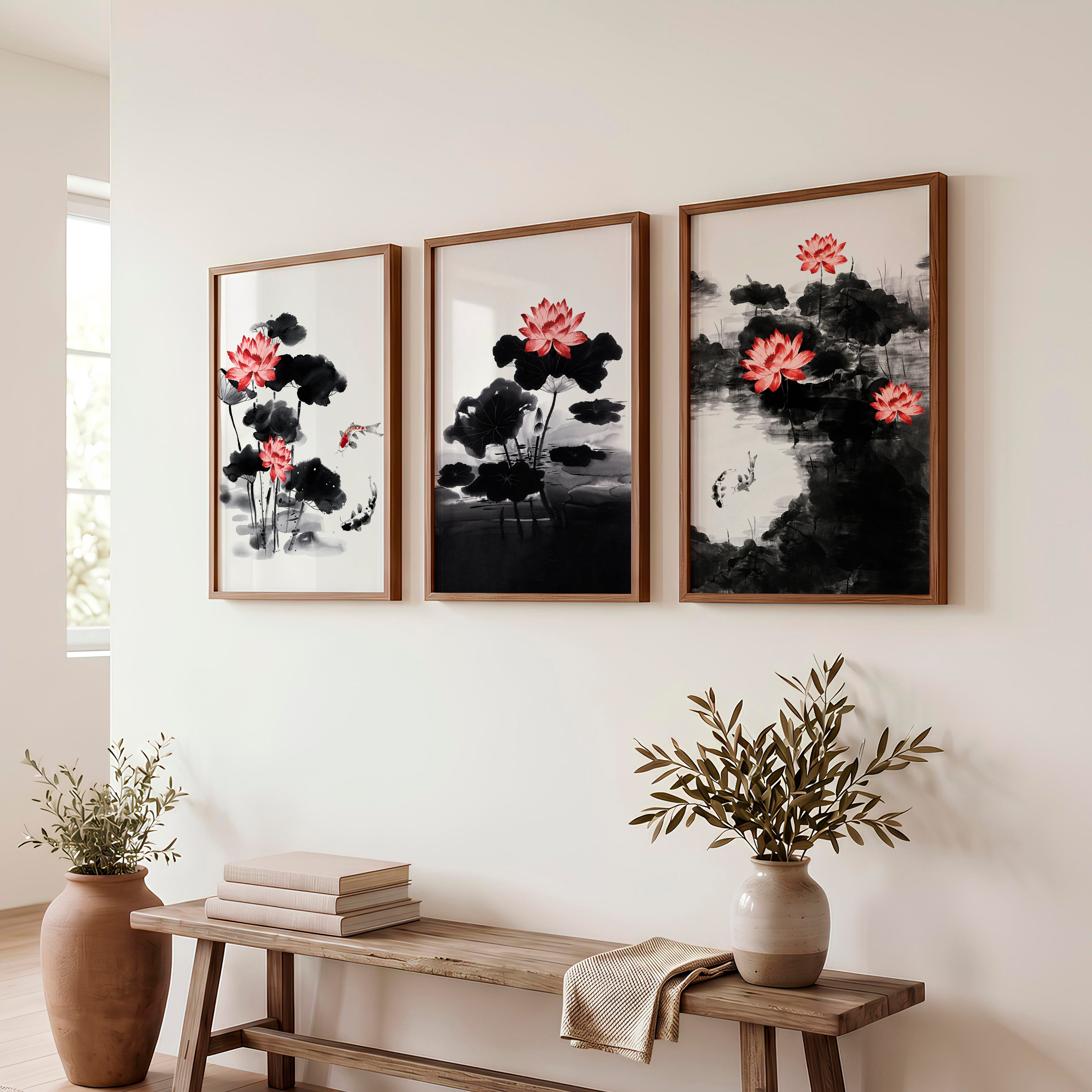 Japanese Cherry Blossom Art with White Blossoming Branches - Dark Brown Framed Poster No Border - Artworksets