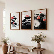 Japanese Cherry Blossom Art with White Blossoming Branches - Dark Brown Framed Poster No Border - Artworksets