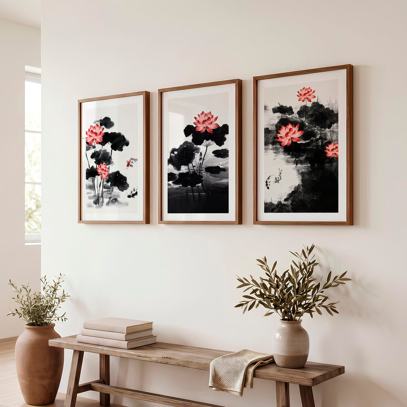 Japanese Cherry Blossom Art with White Blossoming Branches - Dark Brown Framed Poster with White Border - Artworksets