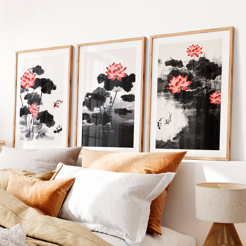 Japanese Cherry Blossom Art with White Blossoming Branches- Natural Wood Framed Poster with White Border - Artworksets