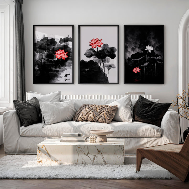 Elegant japanese cherry blossoms wall art with blooming branch triptych - Black Framed Poster No Border - Artworksets