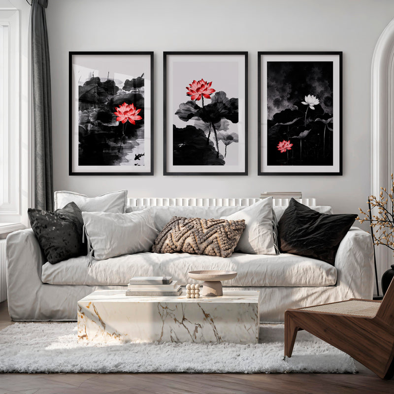 Elegant japanese cherry blossoms wall art with blooming branch triptych - Black Framed Poster with White Border - Artworksets