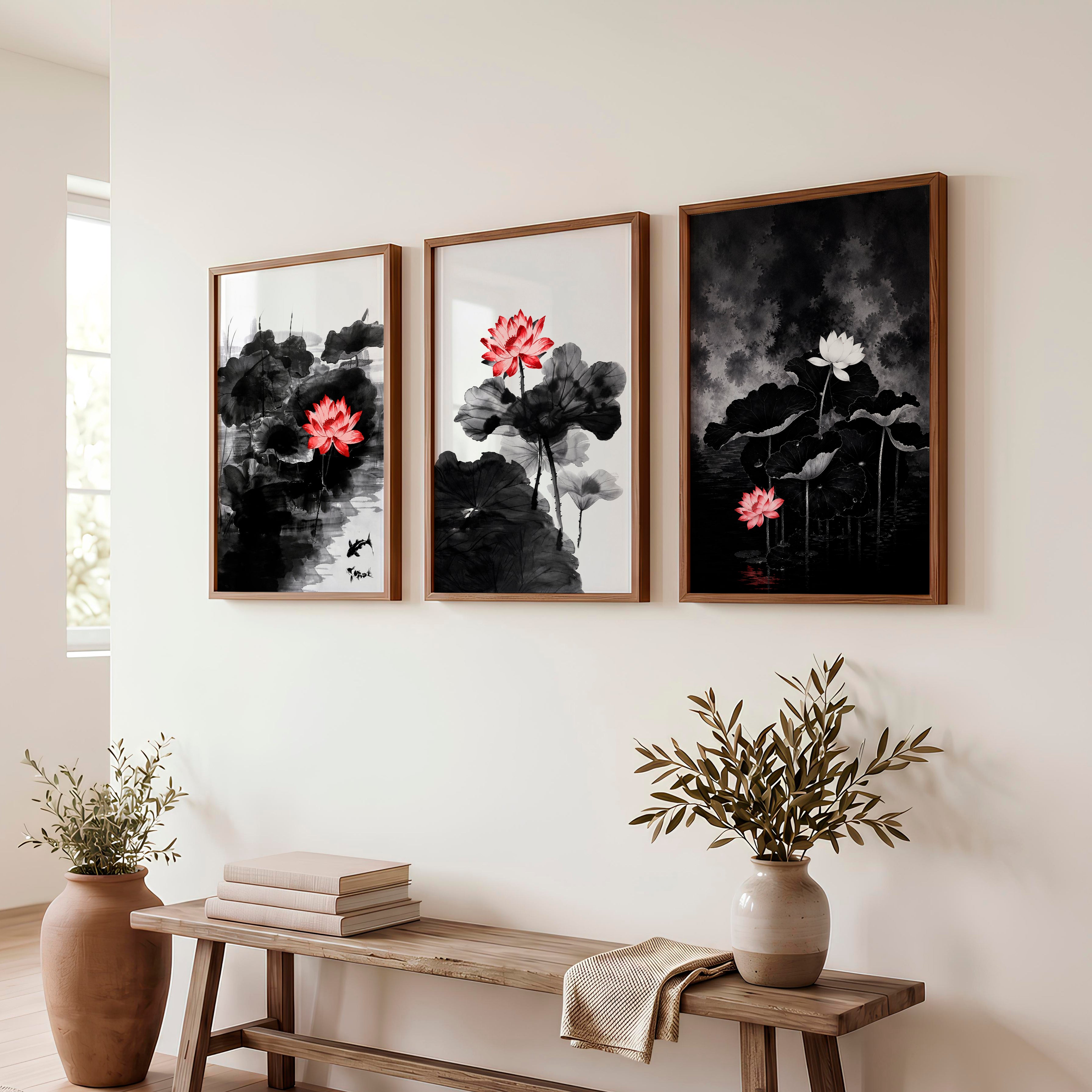 Elegant japanese cherry blossoms wall art with blooming branch triptych - Dark Brown Framed Poster No Border - Artworksets