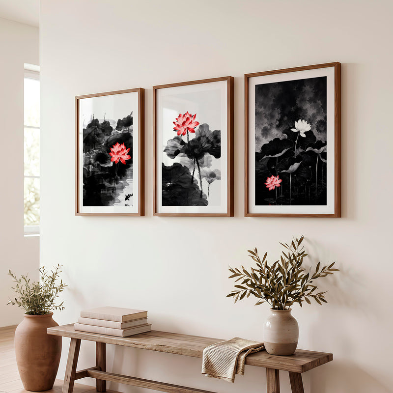 Elegant japanese cherry blossoms wall art with blooming branch triptych - Dark Brown Framed Poster with White Border - Artworksets