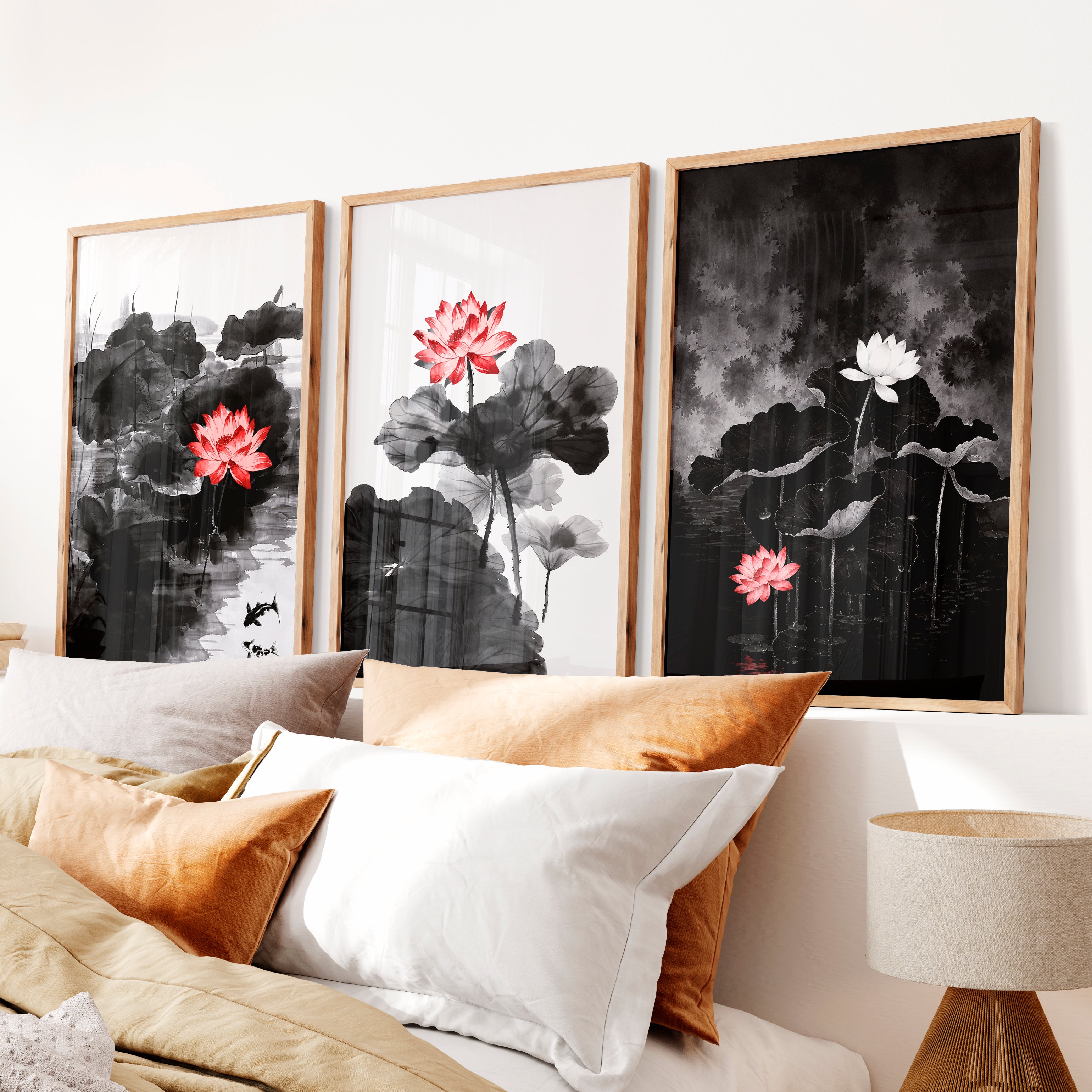 Elegant japanese cherry blossoms wall art with blooming branch triptych - Natural Wood Framed Poster No Border - Artworksets