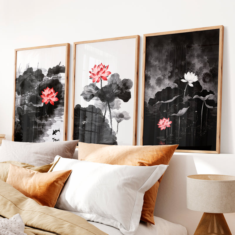Elegant japanese cherry blossoms wall art with blooming branch triptych - Natural Wood Framed Poster No Border - Artworksets
