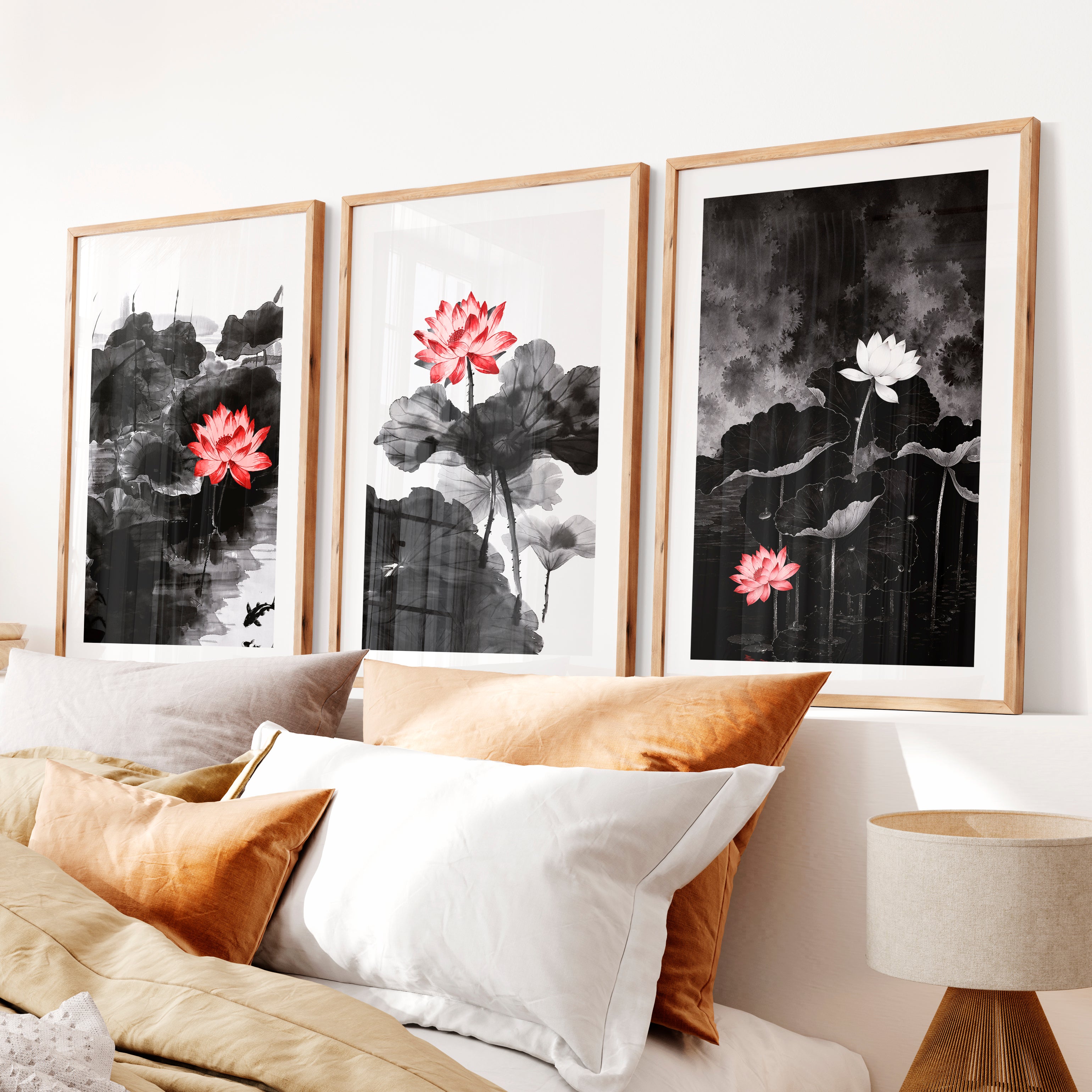 Elegant japanese cherry blossoms wall art with blooming branch triptych- Natural Wood Framed Poster with White Border - Artworksets