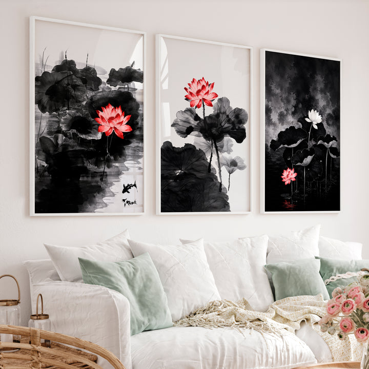 Elegant japanese cherry blossoms wall art with blooming branch triptych - White Framed Poster No Border - Artworksets