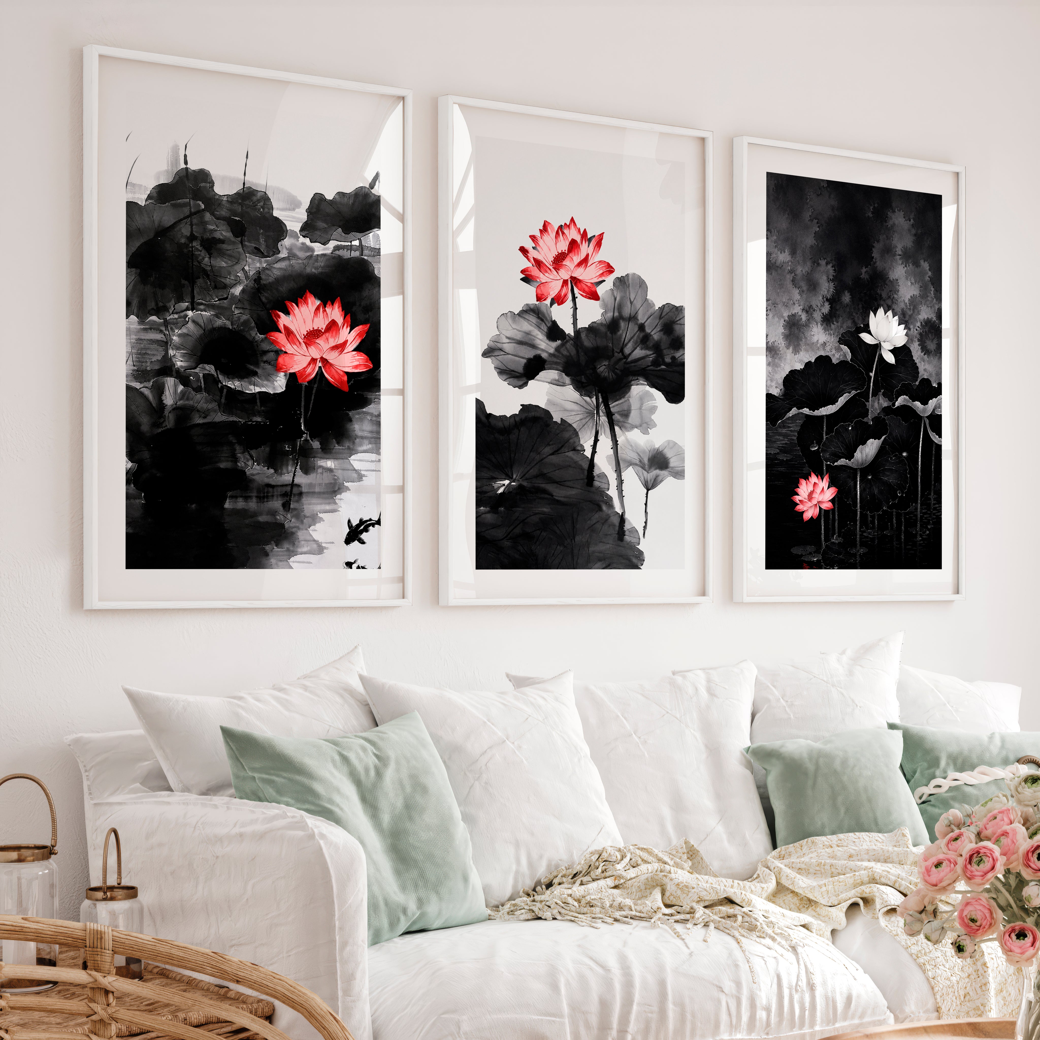 Elegant japanese cherry blossoms wall art with blooming branch triptych - White Framed Poster with White Border - Artworksets