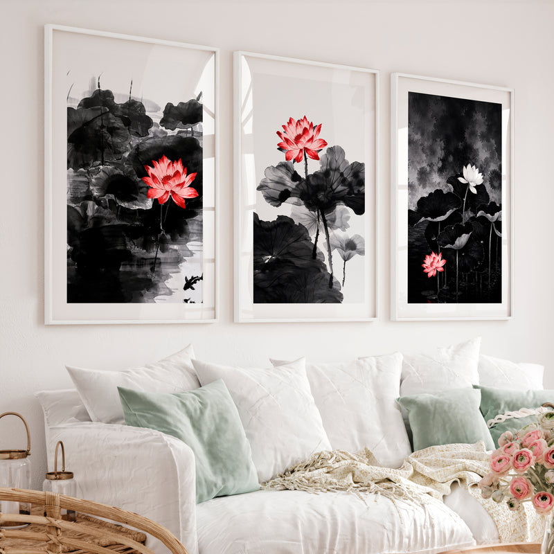 Elegant japanese cherry blossoms wall art with blooming branch triptych - White Framed Poster with White Border - Artworksets
