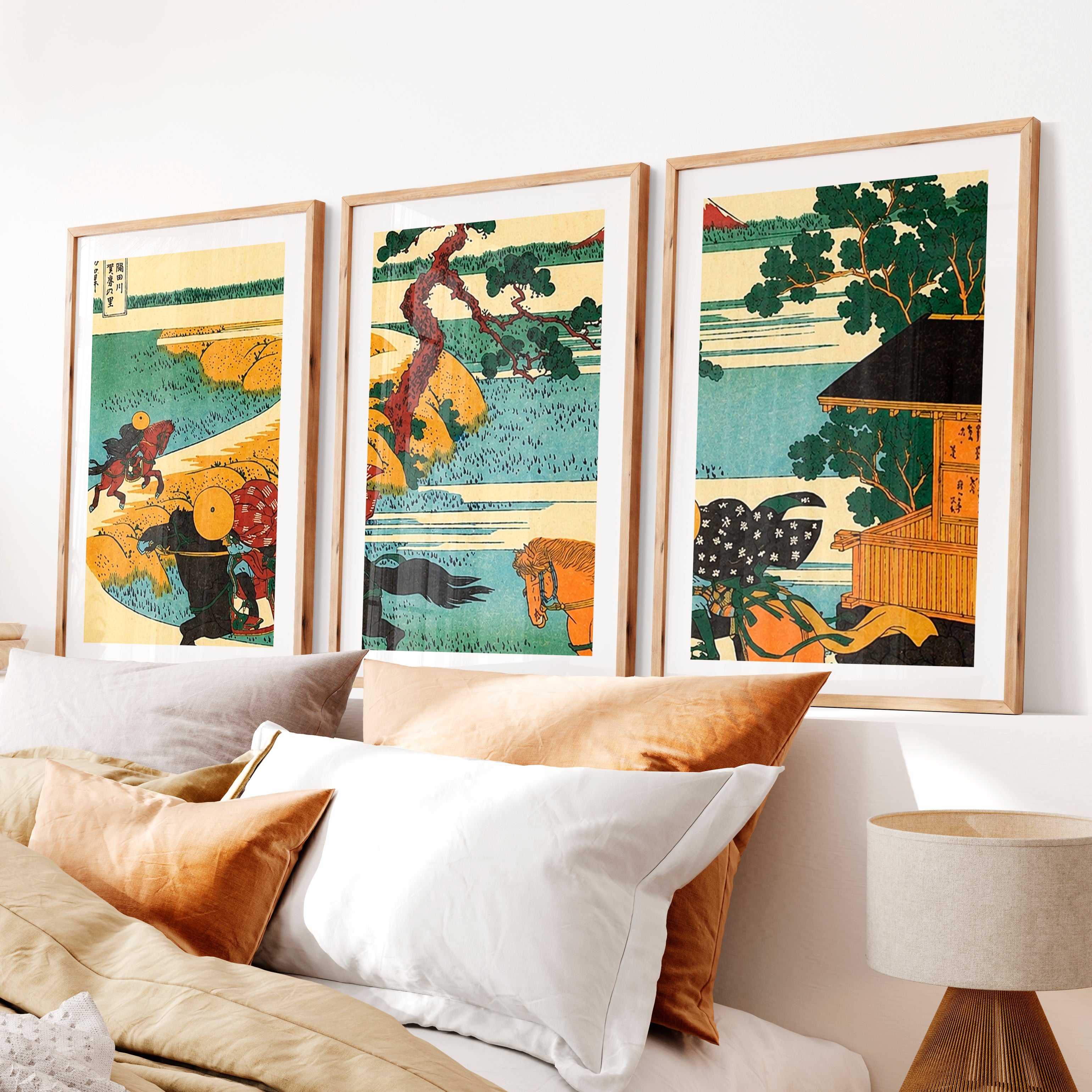 Elegant Japanese Crane Art Featuring Bamboo and Mountain Flight- Natural Wood Framed Poster with White Border - Artworksets