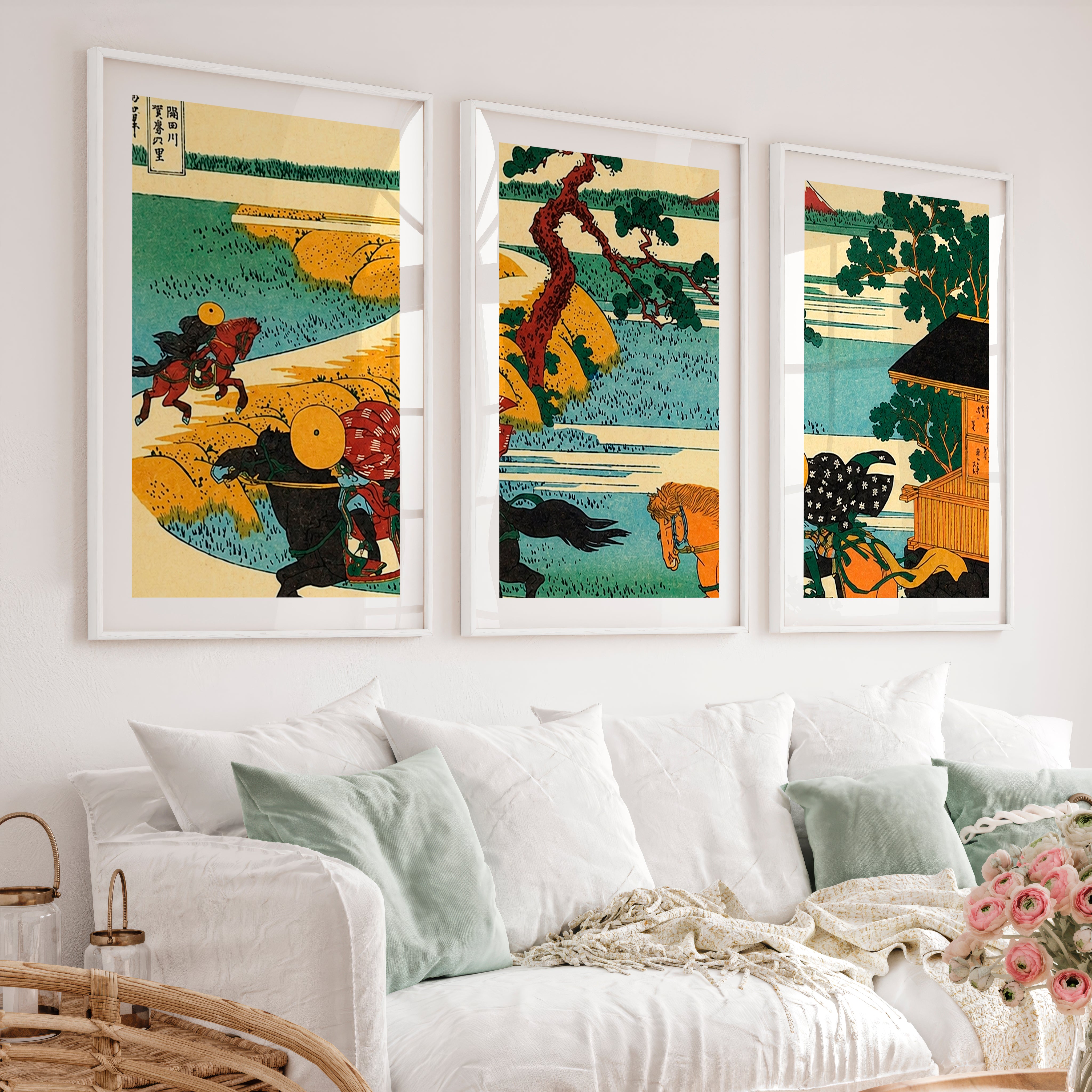 Elegant Japanese Crane Art Featuring Bamboo and Mountain Flight - White Framed Poster with White Border - Artworksets