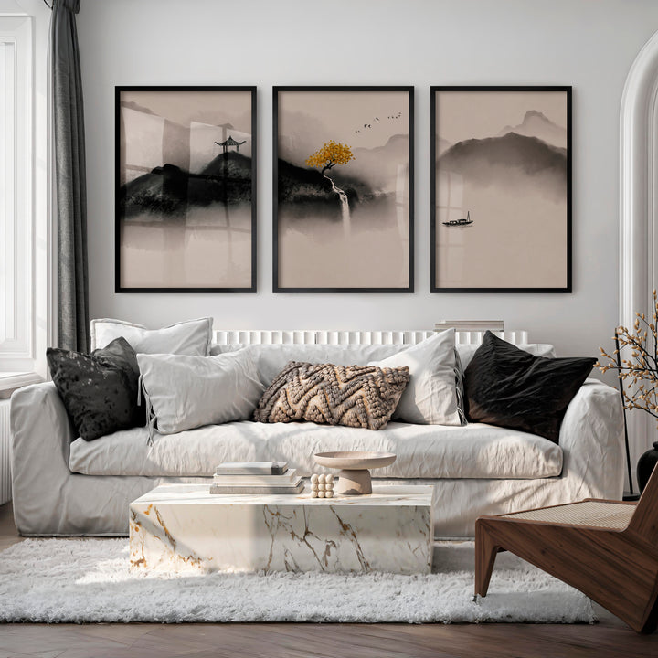 Japanese Crane Art with Full Moon and Pine Tree - Black Framed Poster No Border - Artworksets